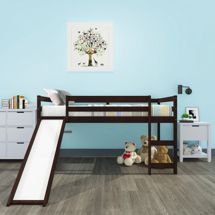 Brown Low Loft Bed With Slide Image 1