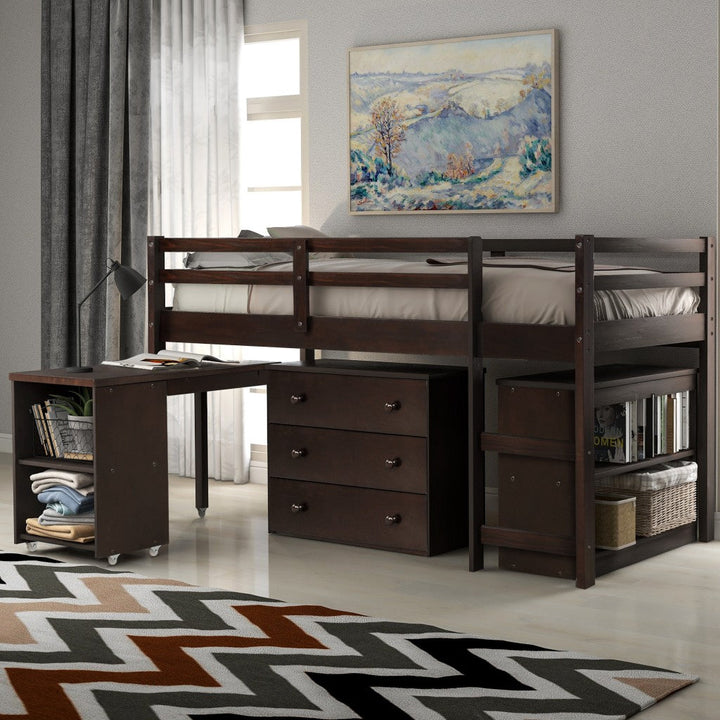 Brown Low Twin Loft Bed With Cabinet and Desk Image 1