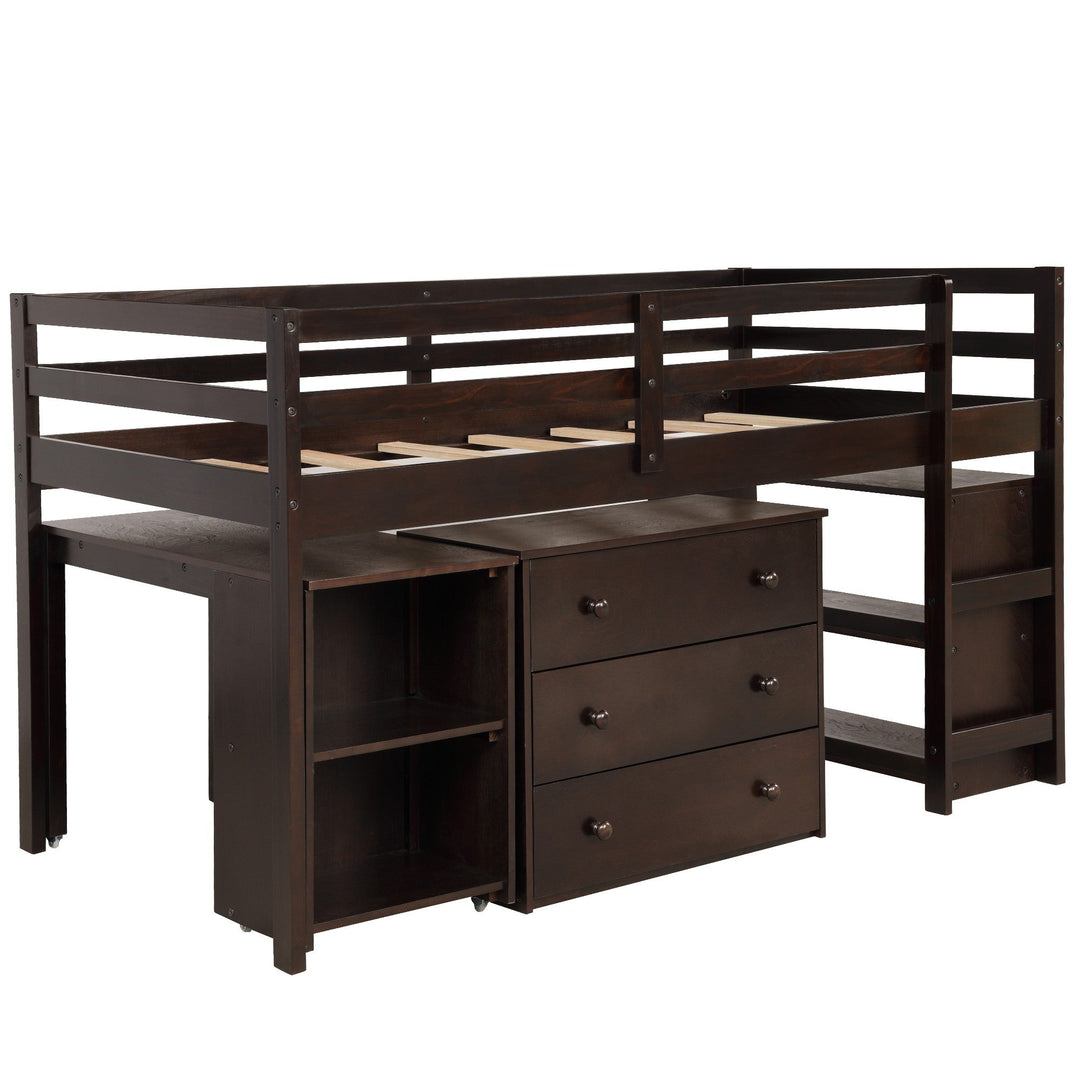 Brown Low Twin Loft Bed With Cabinet and Desk Image 2