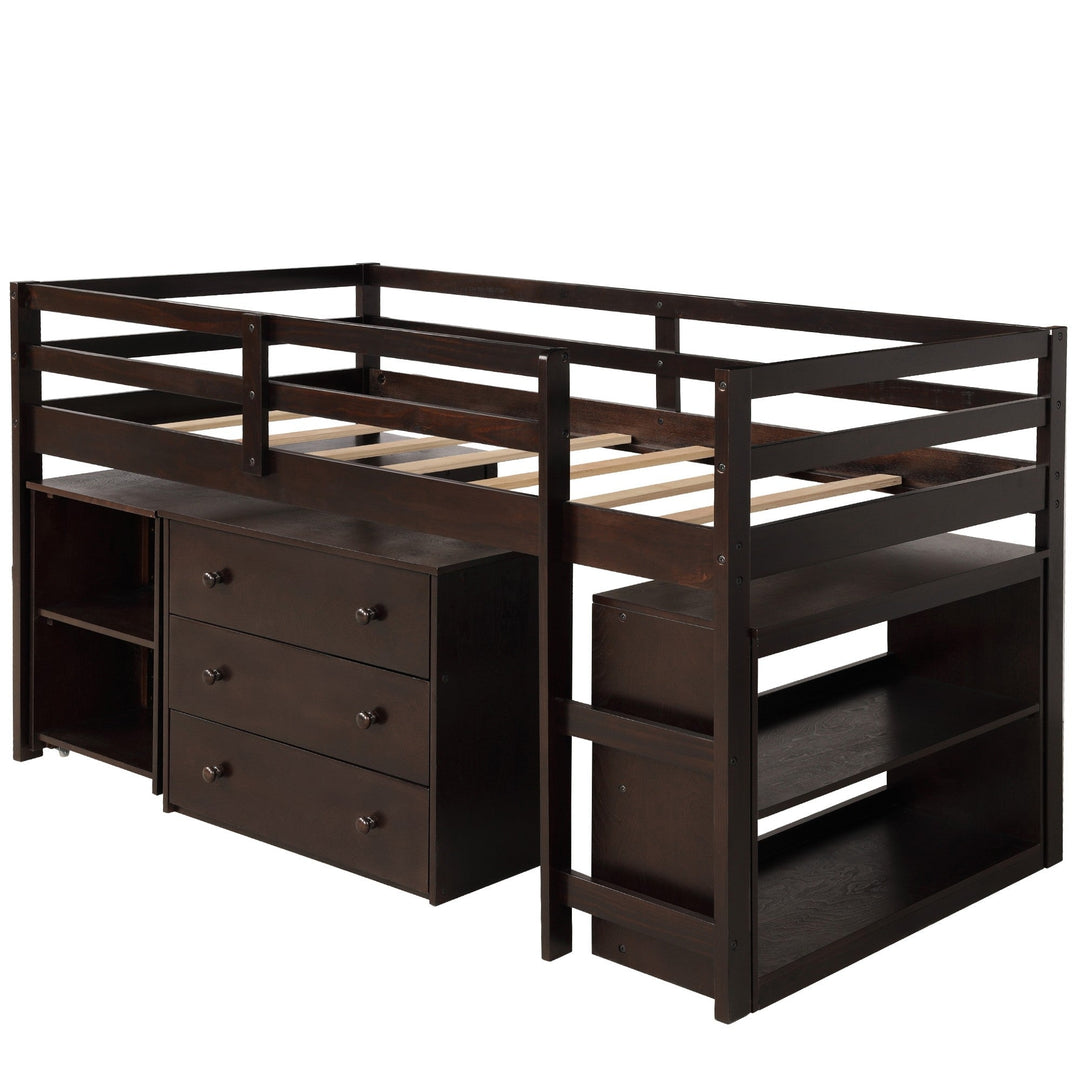 Brown Low Twin Loft Bed With Cabinet and Desk Image 3