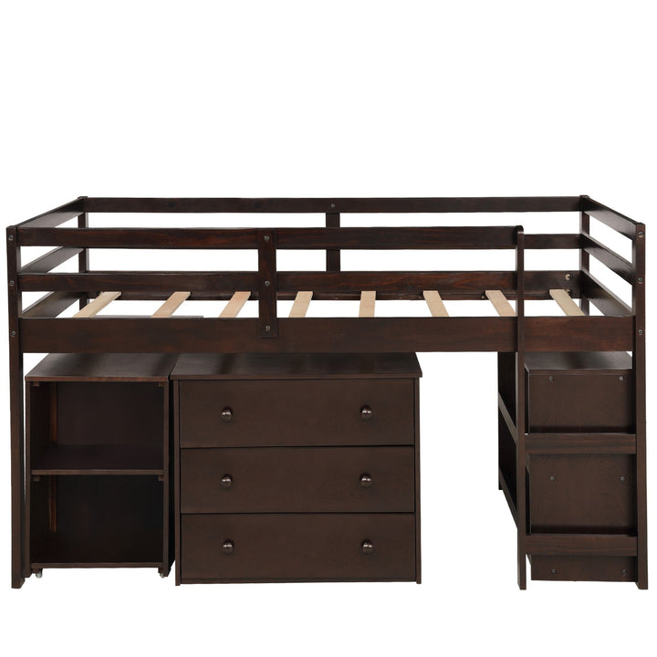 Brown Low Twin Loft Bed With Cabinet and Desk Image 4