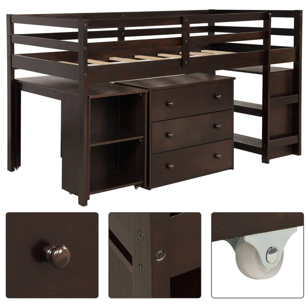 Brown Low Twin Loft Bed With Cabinet and Desk Image 5