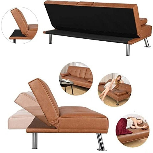 Brown Modern Faux Leather Cup Holders Convertible Sofa Bed Futon Sleeper Image 2