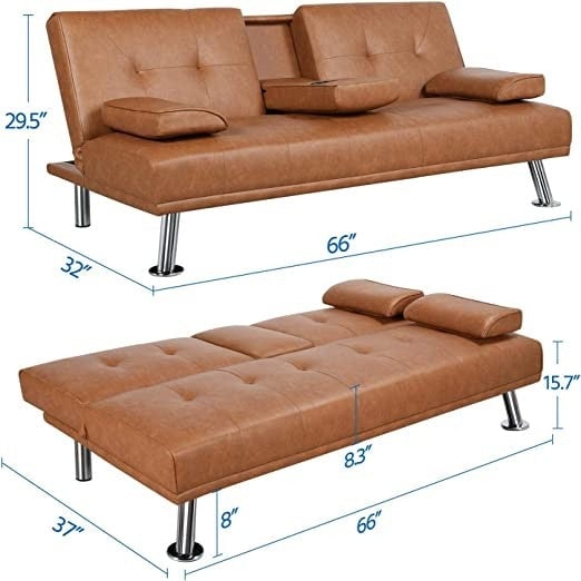 Brown Modern Faux Leather Cup Holders Convertible Sofa Bed Futon Sleeper Image 3