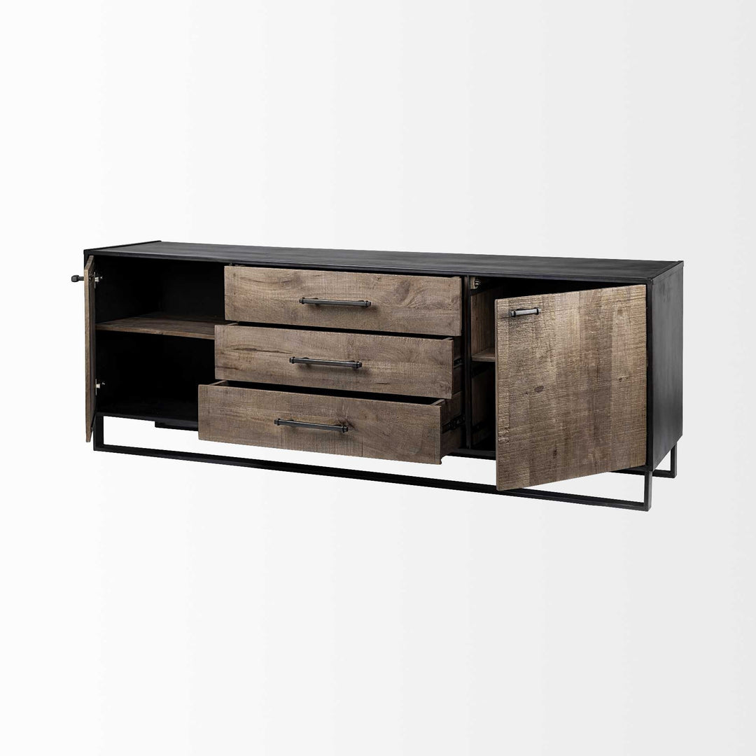 Brown Solid Mango Wood Finish Sideboard With 3 Drawers And 2 Cabinet Doors Image 5