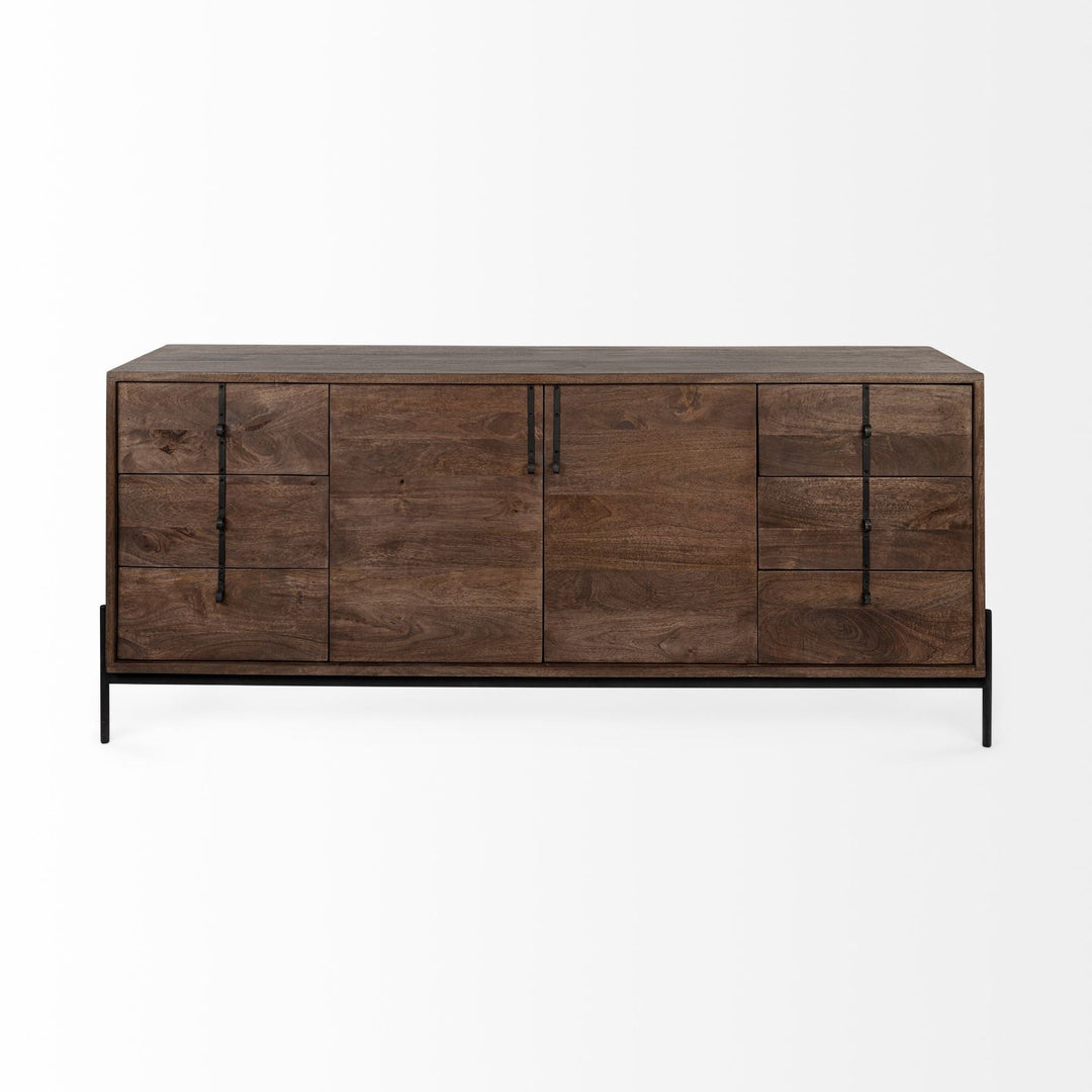 Brown Solid Wood Sideboard With 6 Drawers And 2 Cabinet Doors Image 2