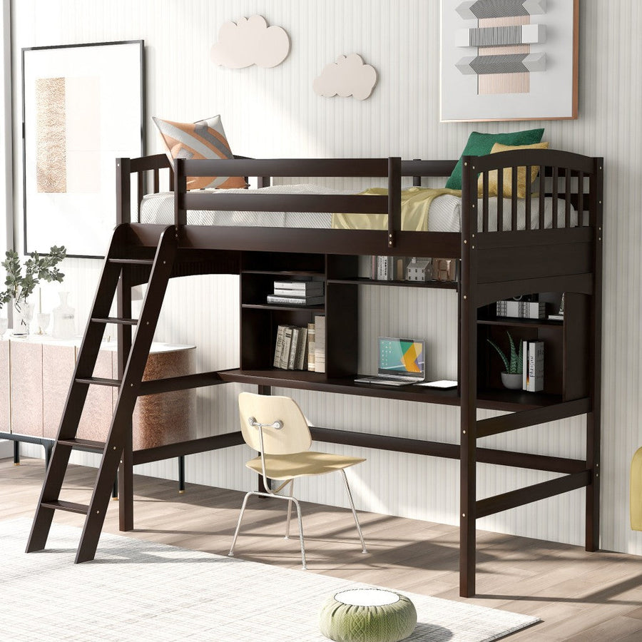 Brown Twin Size Loft Bed with Desk and Shelves Image 1