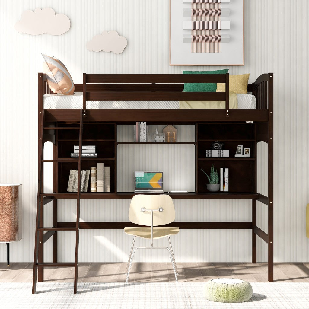 Brown Twin Size Loft Bed with Desk and Shelves Image 2