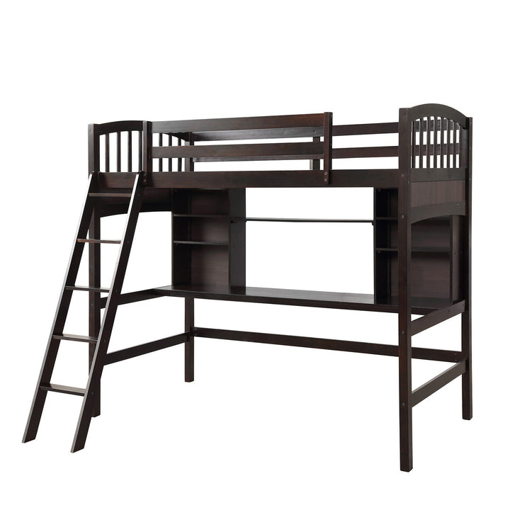 Brown Twin Size Loft Bed with Desk and Shelves Image 3