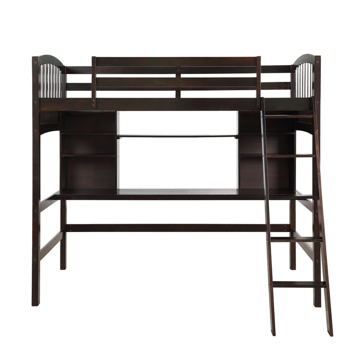 Brown Twin Size Loft Bed with Desk and Shelves Image 4