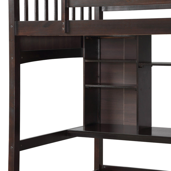 Brown Twin Size Loft Bed with Desk and Shelves Image 5