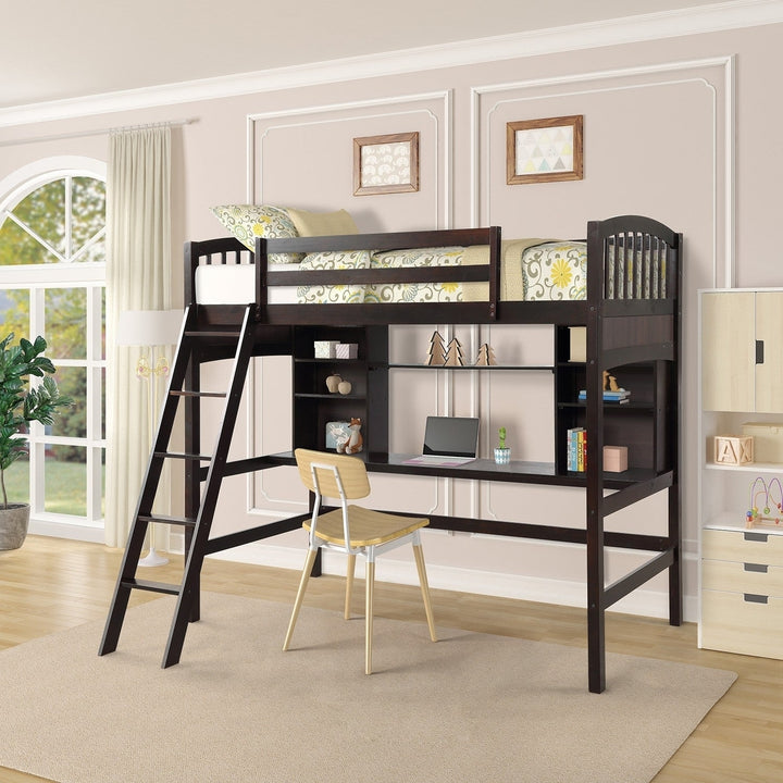 Brown Twin Size Loft Bed with Desk and Shelves Image 7