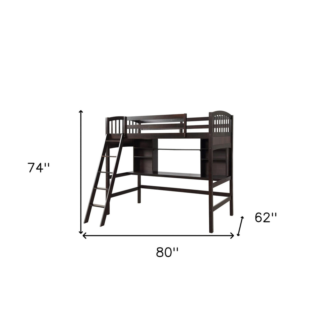 Brown Twin Size Loft Bed with Desk and Shelves Image 8