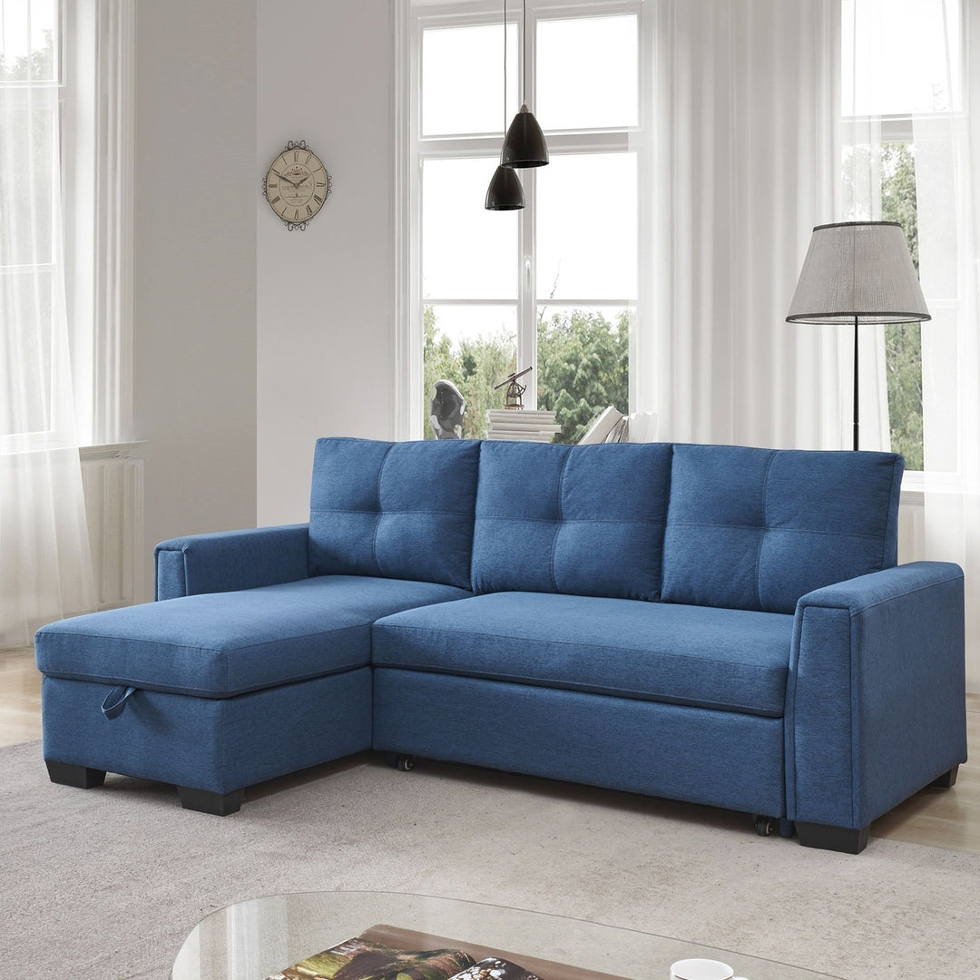 92" Blue Polyester Blend Convertible Futon Sleeper Sofa With Black Legs Image 1