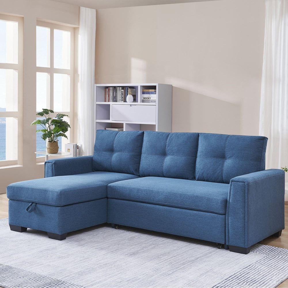 92" Blue Polyester Blend Convertible Futon Sleeper Sofa With Black Legs Image 2