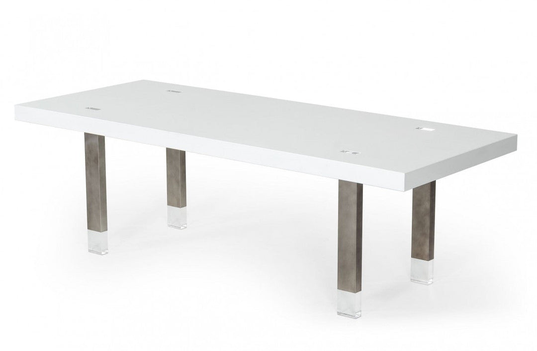 95" White And Gun Metal Rectangular Manufactured Wood And Stainless Steel Dining Image 2