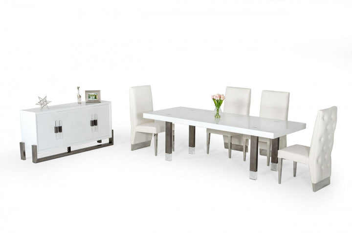 95" White And Gun Metal Rectangular Manufactured Wood And Stainless Steel Dining Image 4