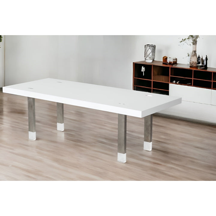 95" White And Gun Metal Rectangular Manufactured Wood And Stainless Steel Dining Image 7