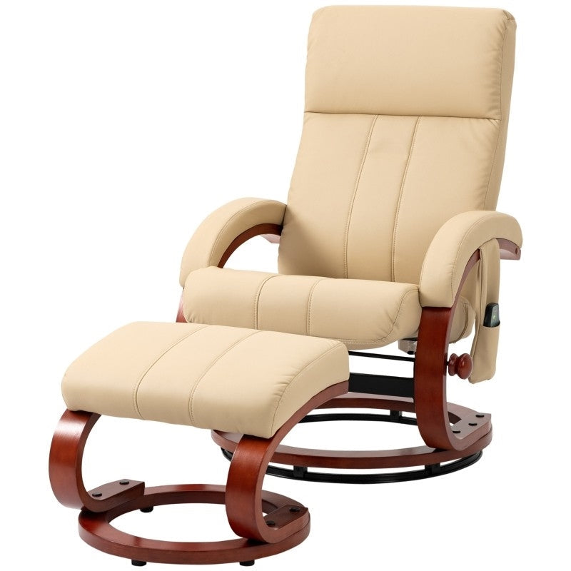 Adjustable Beige Faux Leather Electric Remote Massage Recliner Chair w/ Ottoman Image 1