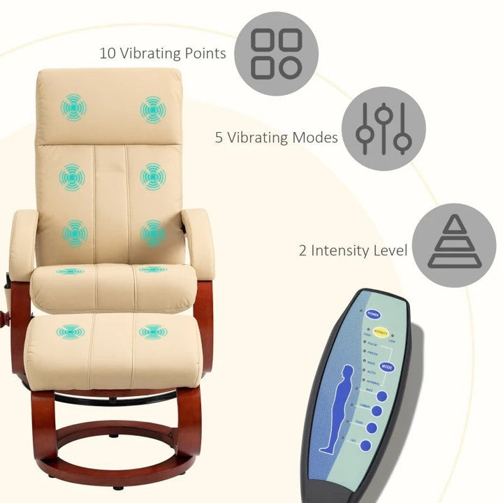 Adjustable Beige Faux Leather Electric Remote Massage Recliner Chair w/ Ottoman Image 2