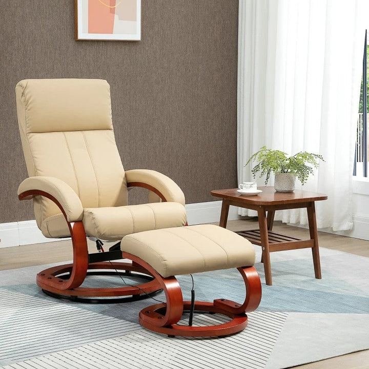 Adjustable Beige Faux Leather Electric Remote Massage Recliner Chair w/ Ottoman Image 4