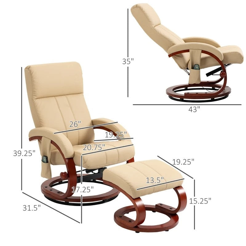 Adjustable Beige Faux Leather Electric Remote Massage Recliner Chair w/ Ottoman Image 5