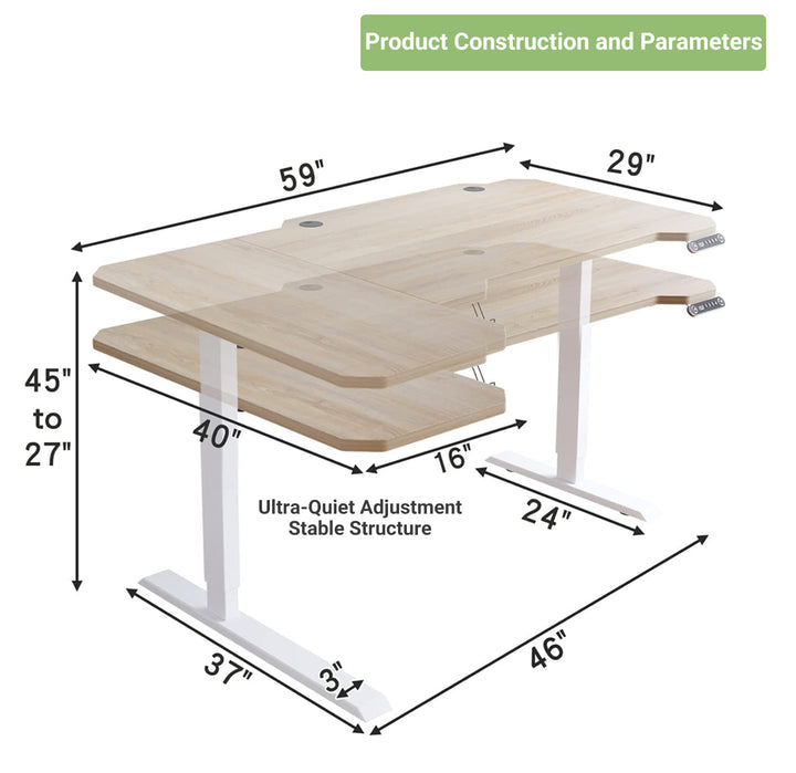 59" Adjustable Light Khaki And White L Shape Standing Desk Image 2