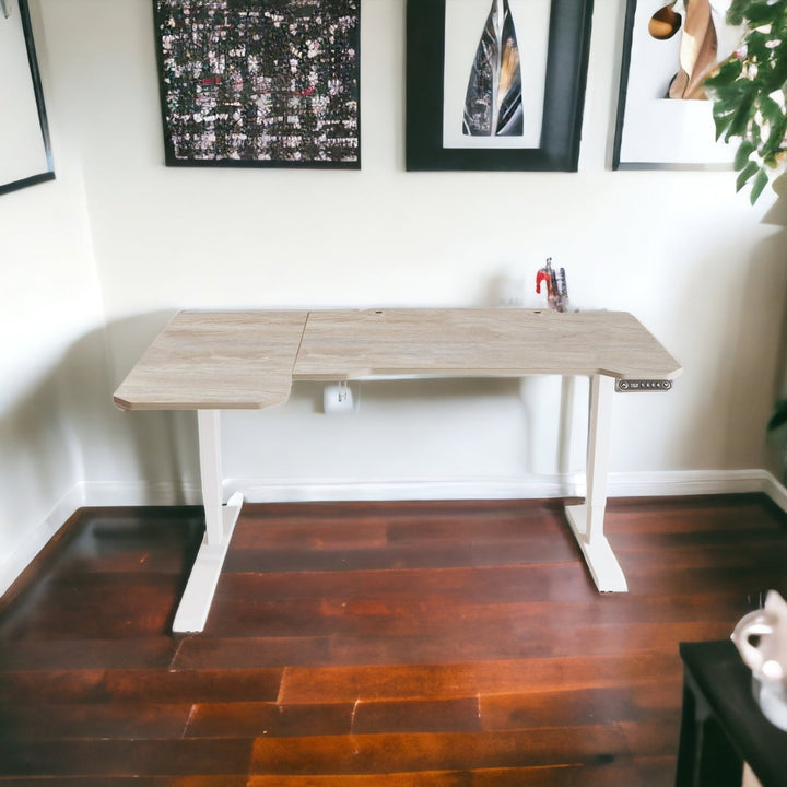 59" Adjustable Light Khaki And White L Shape Standing Desk Image 6