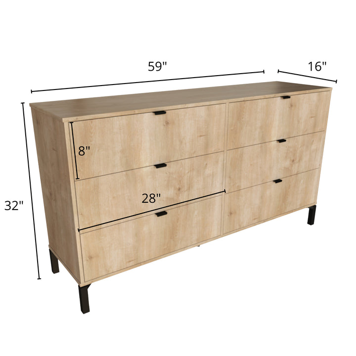 59" Light Natural Manufactured Wood with Black Six Drawer Double Dresser Image 4