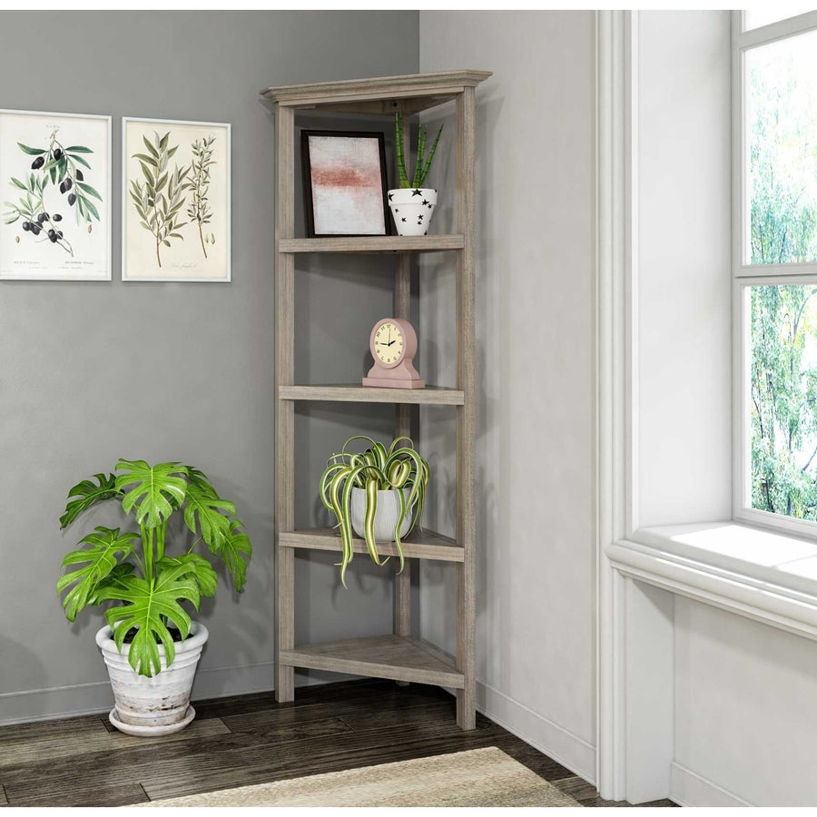 60" Washed Grey Solid Wood Corner Bookcase Image 1