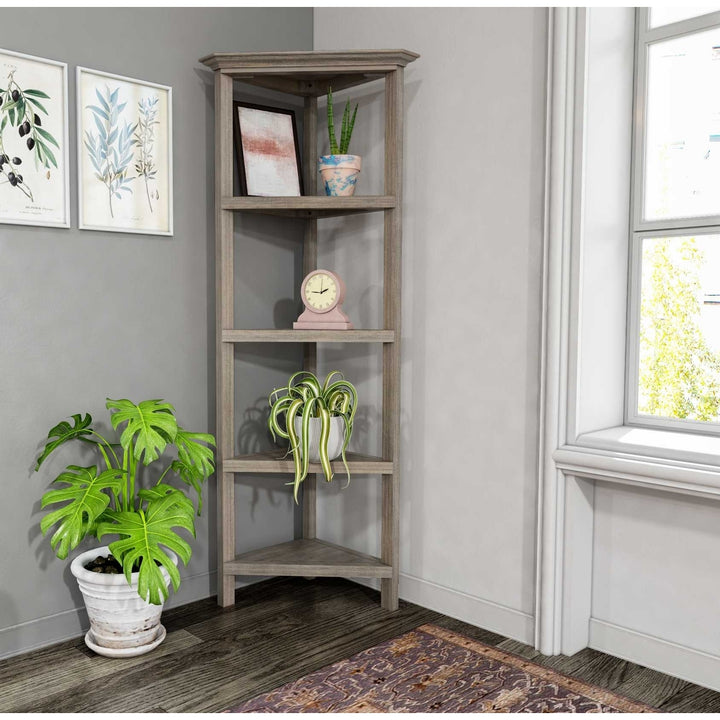 60" Washed Grey Solid Wood Corner Bookcase Image 3