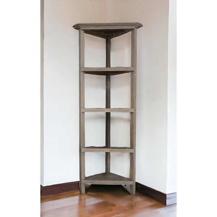 60" Washed Grey Solid Wood Corner Bookcase Image 5