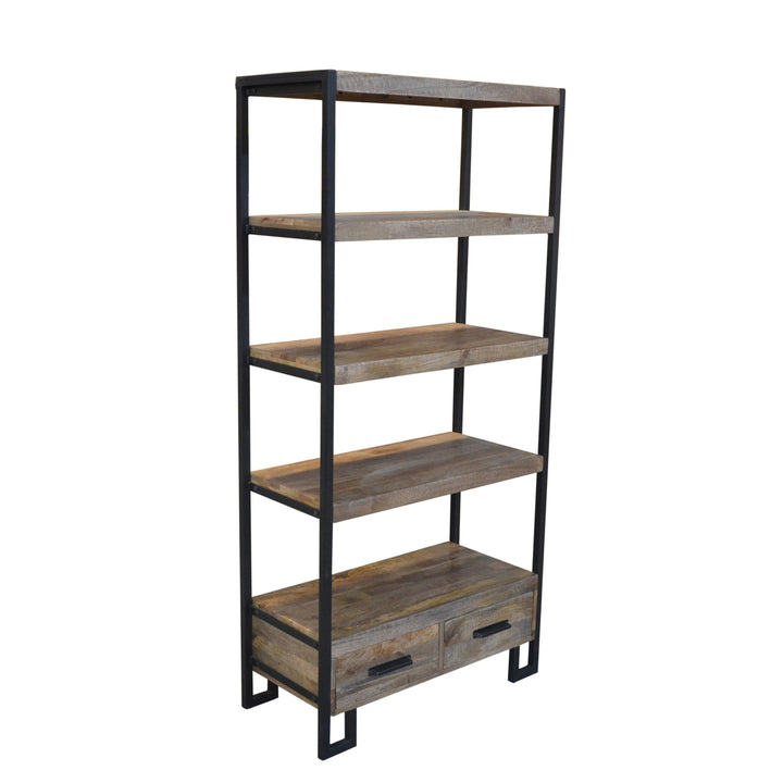 71" Brown Distressed Solid Wood Four Tier Etagere Bookcase with Two Drawers Image 1