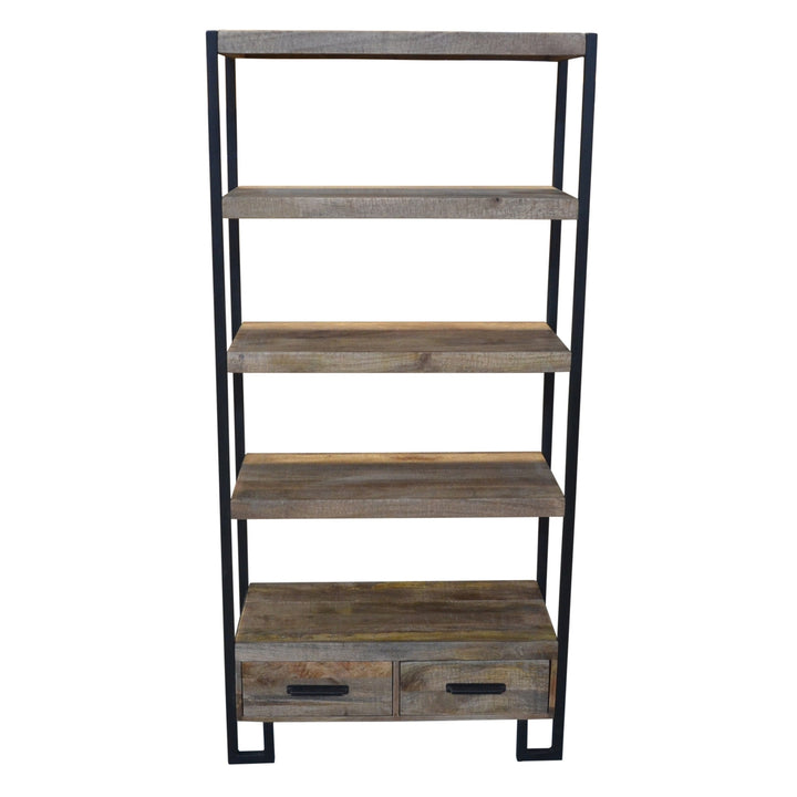 71" Brown Distressed Solid Wood Four Tier Etagere Bookcase with Two Drawers Image 2