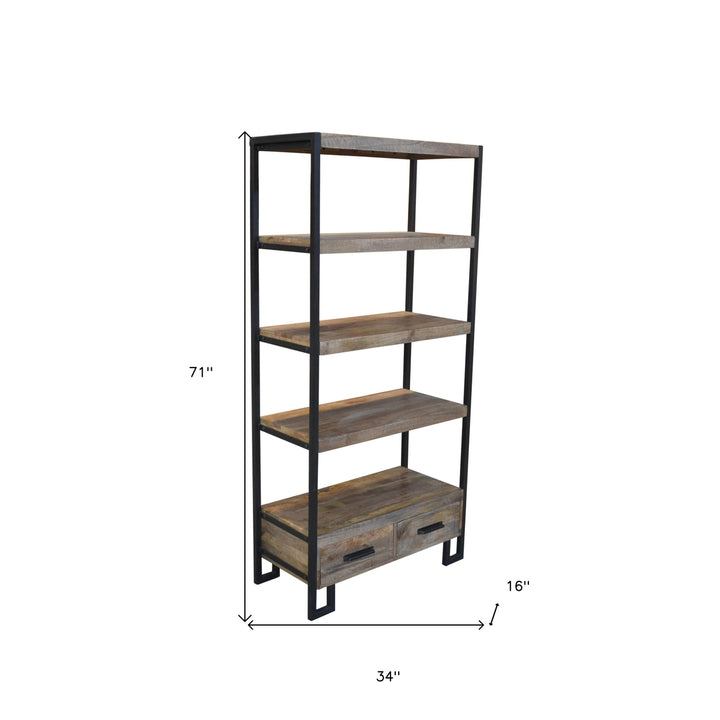 71" Brown Distressed Solid Wood Four Tier Etagere Bookcase with Two Drawers Image 3