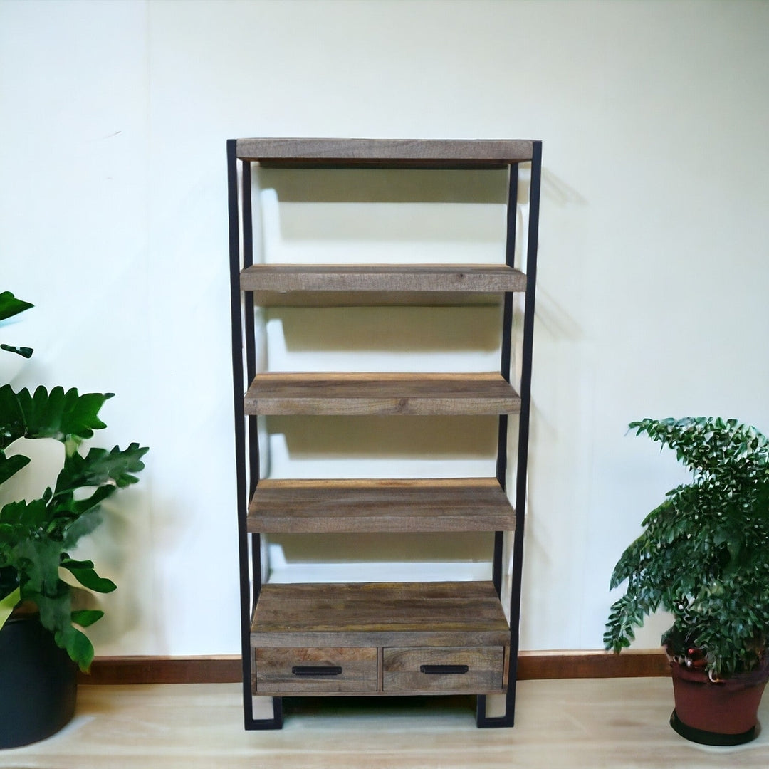 71" Brown Distressed Solid Wood Four Tier Etagere Bookcase with Two Drawers Image 4