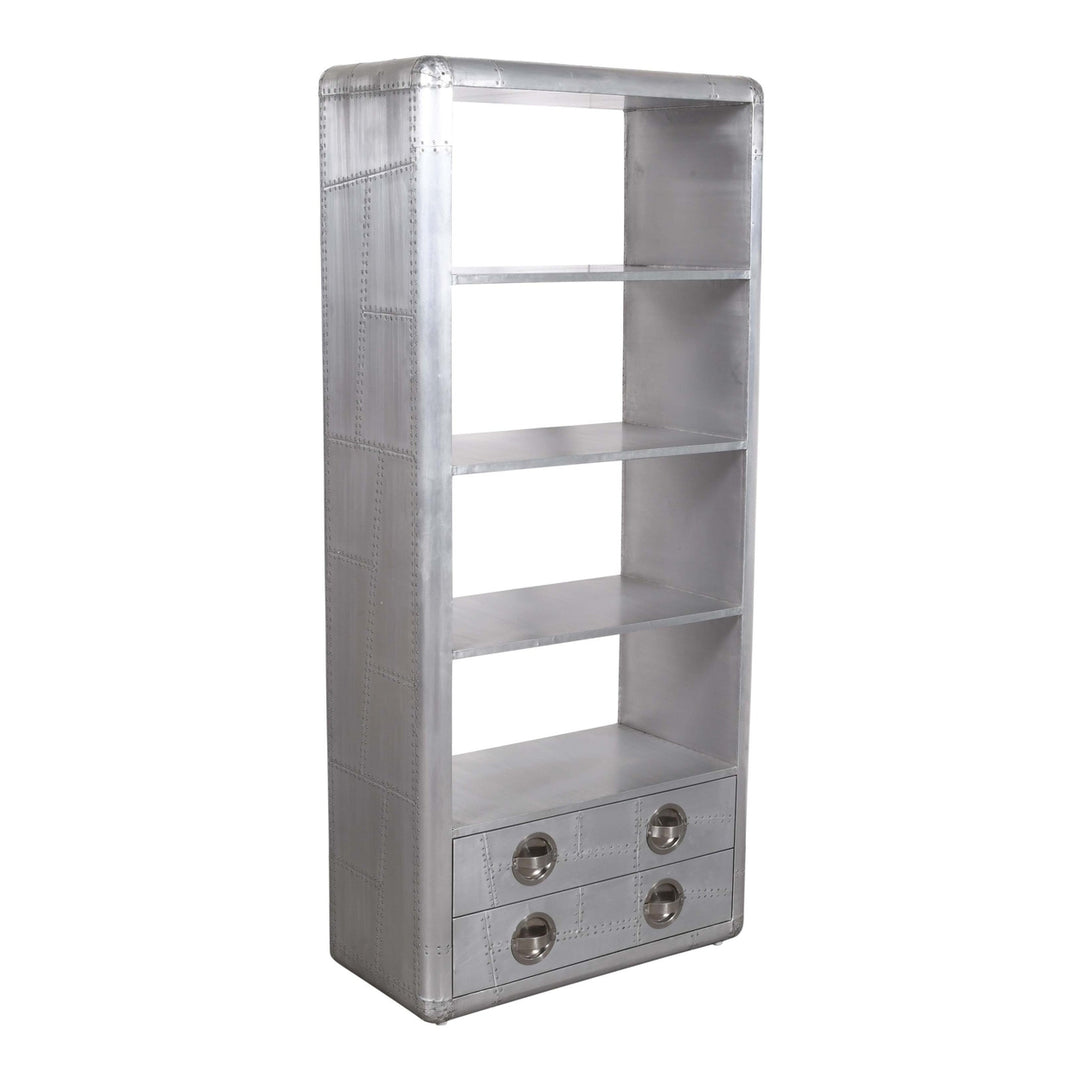 71" Silver Aluminum Four Tier Bookcase with Two Drawers Image 1