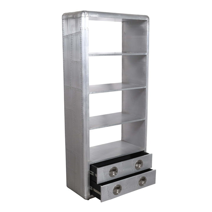 71" Silver Aluminum Four Tier Bookcase with Two Drawers Image 2