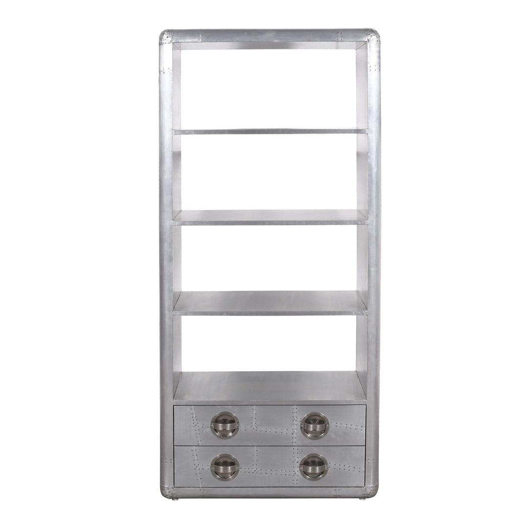 71" Silver Aluminum Four Tier Bookcase with Two Drawers Image 3