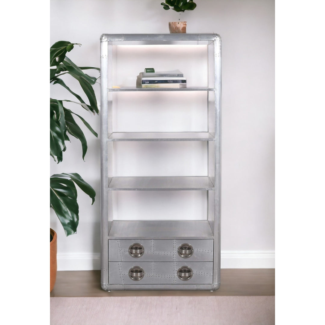 71" Silver Aluminum Four Tier Bookcase with Two Drawers Image 6