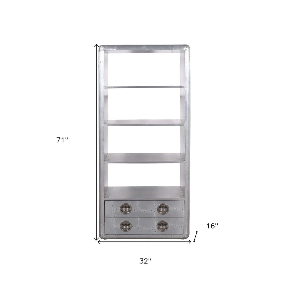 71" Silver Aluminum Four Tier Bookcase with Two Drawers Image 7