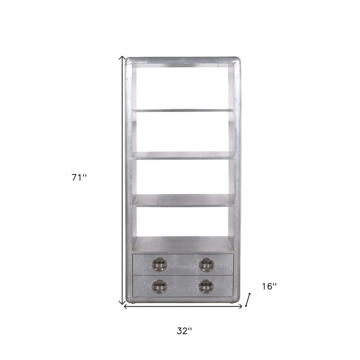 71" Silver Aluminum Four Tier Bookcase with Two Drawers Image 7