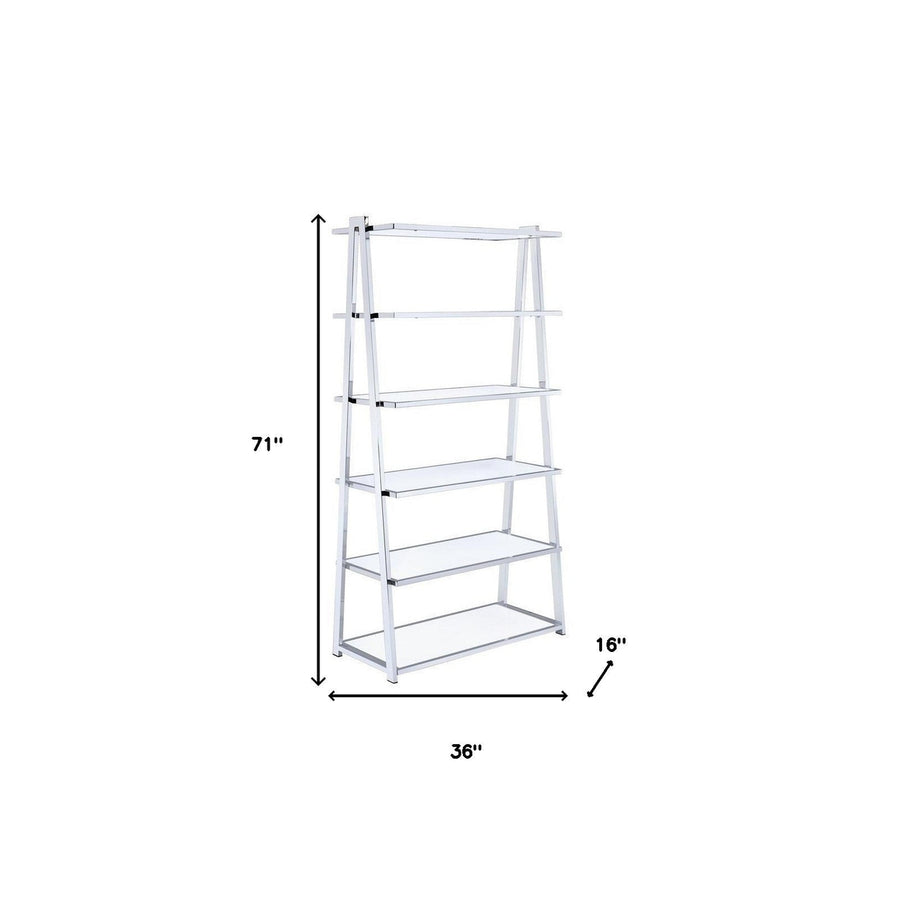 71" White and Silver Metal and Glass Five Tier Ladder Bookcase Image 1