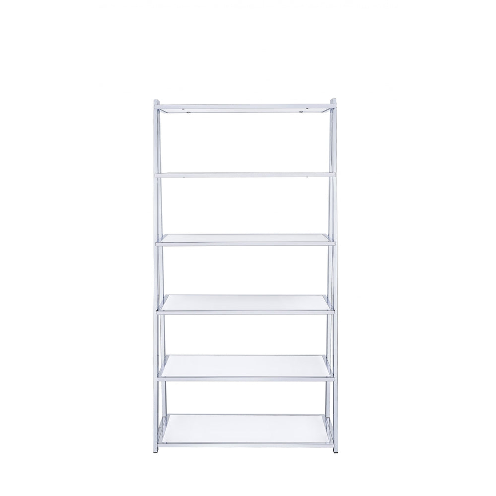 71" White and Silver Metal and Glass Five Tier Ladder Bookcase Image 2