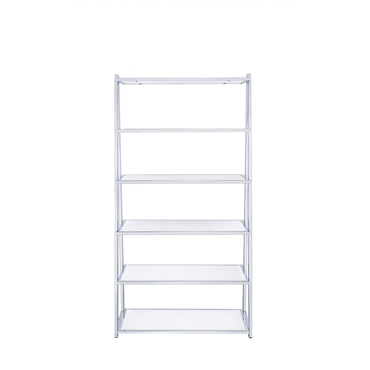 71" White and Silver Metal and Glass Five Tier Ladder Bookcase Image 2