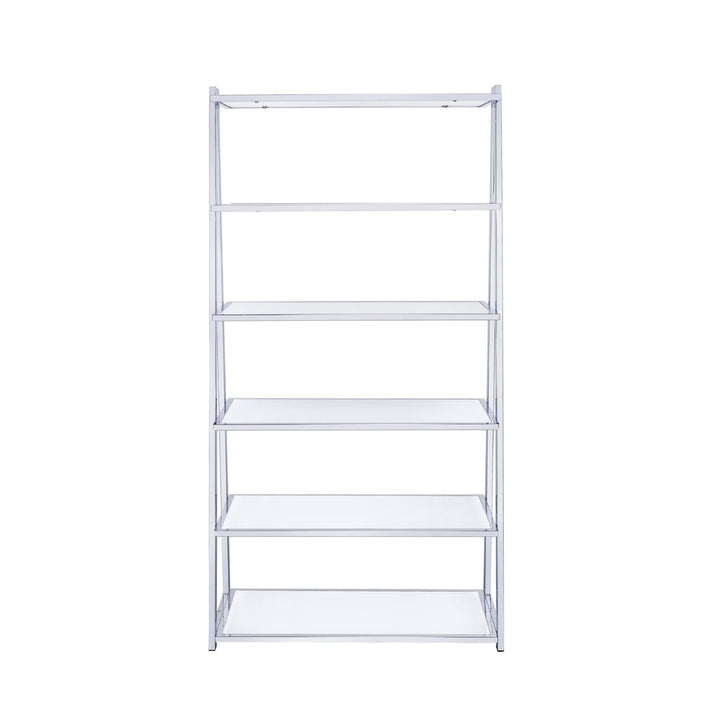 71" White and Silver Metal and Glass Five Tier Ladder Bookcase Image 3