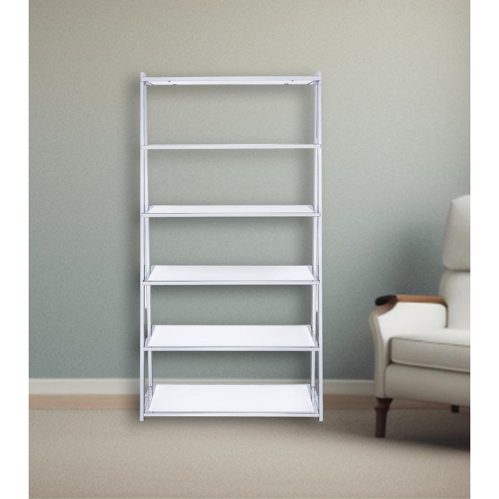 71" White and Silver Metal and Glass Five Tier Ladder Bookcase Image 4