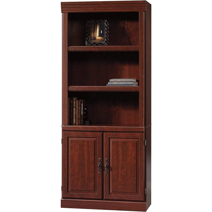 71-inch High 3-Shelf Wooden Bookcase with Storage Drawer in Cherry Finish Image 1