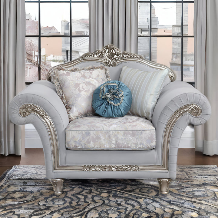 62" Light Gray Linen And Platinum Floral Club Chair Image 4