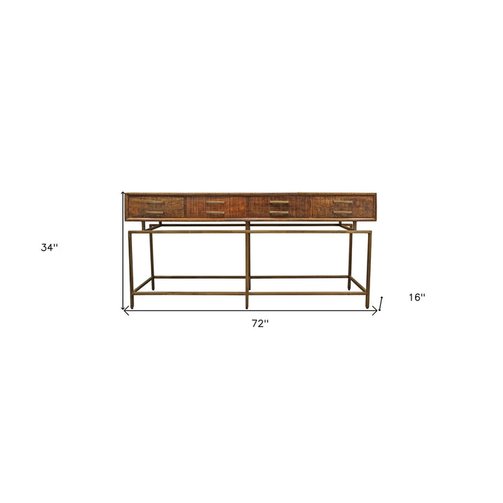 72" Brown and Brass Solid Wood Distressed Frame Console Table With Storage Image 8